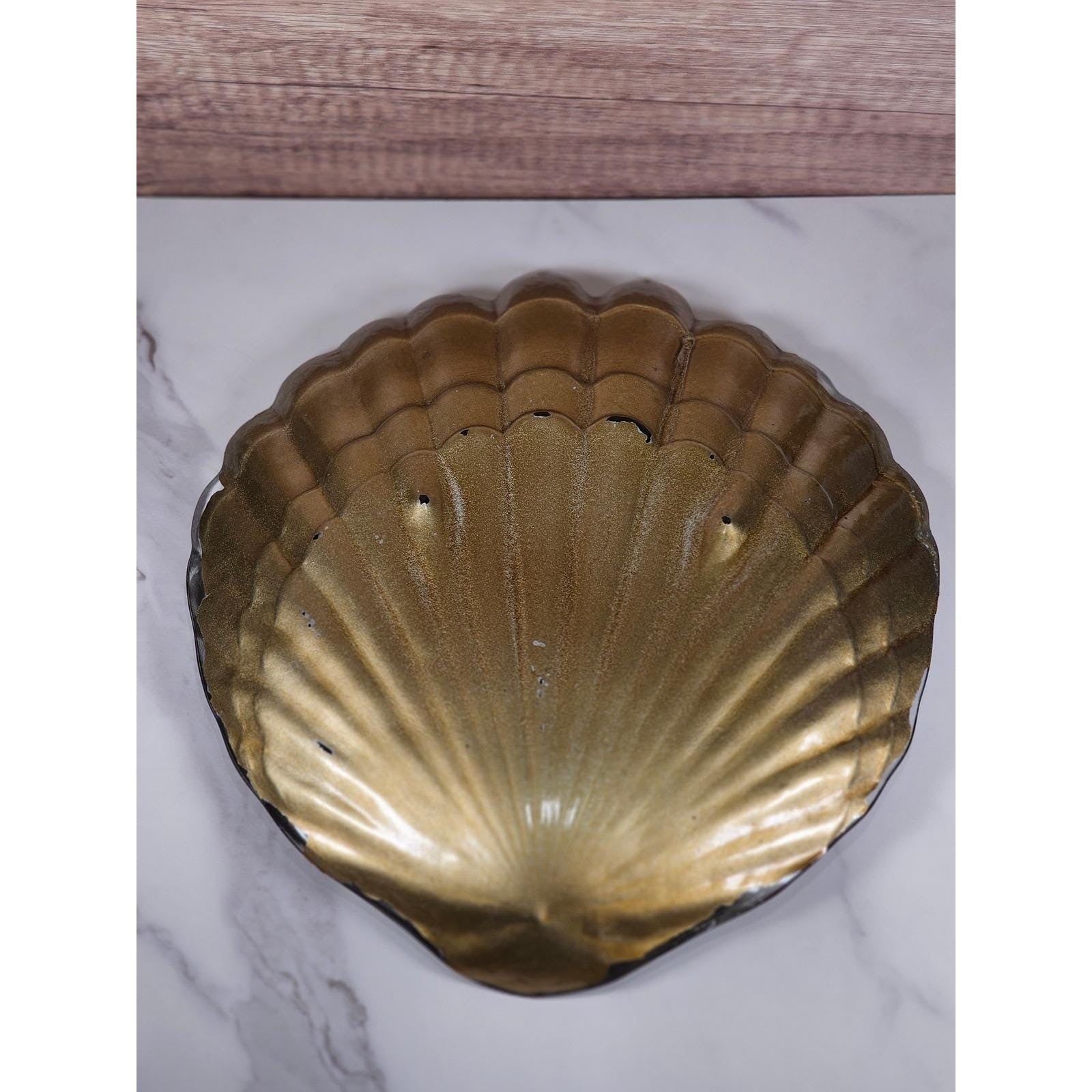 Vintage Shell Plate Blue Gold Coastal Decor Nautical Wall Accent