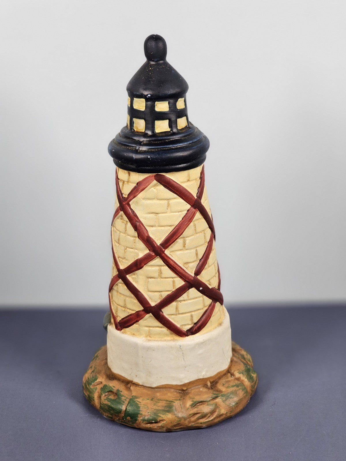 Vintage Ks Collection Beige Brick Red Diamond Design Lighthouse 6" Tall