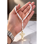 Vintage White Beaded Rosary Necklace Gold Tone Cross Pendant