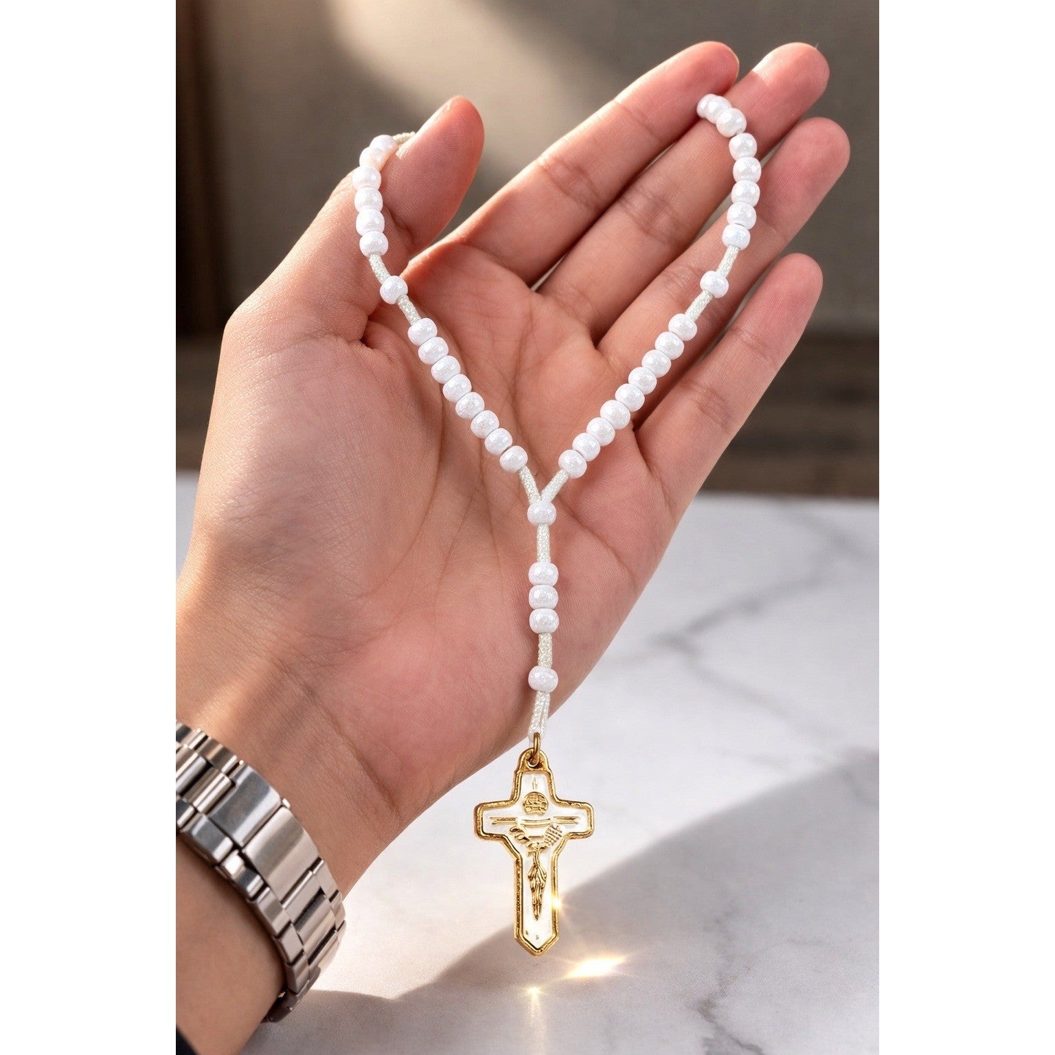 Vintage White Beaded Rosary Necklace Gold Tone Cross Pendant