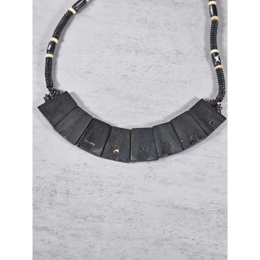 Vintage Tribal Carved Wood Spiral Necklace Statement Collar Black