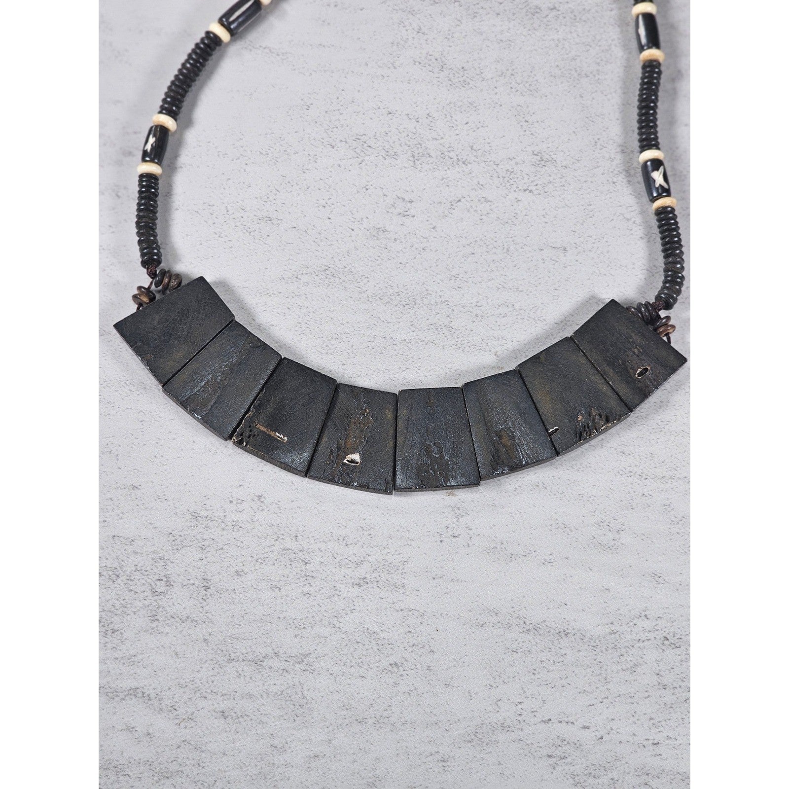 Vintage Tribal Carved Wood Spiral Necklace Statement Collar Black