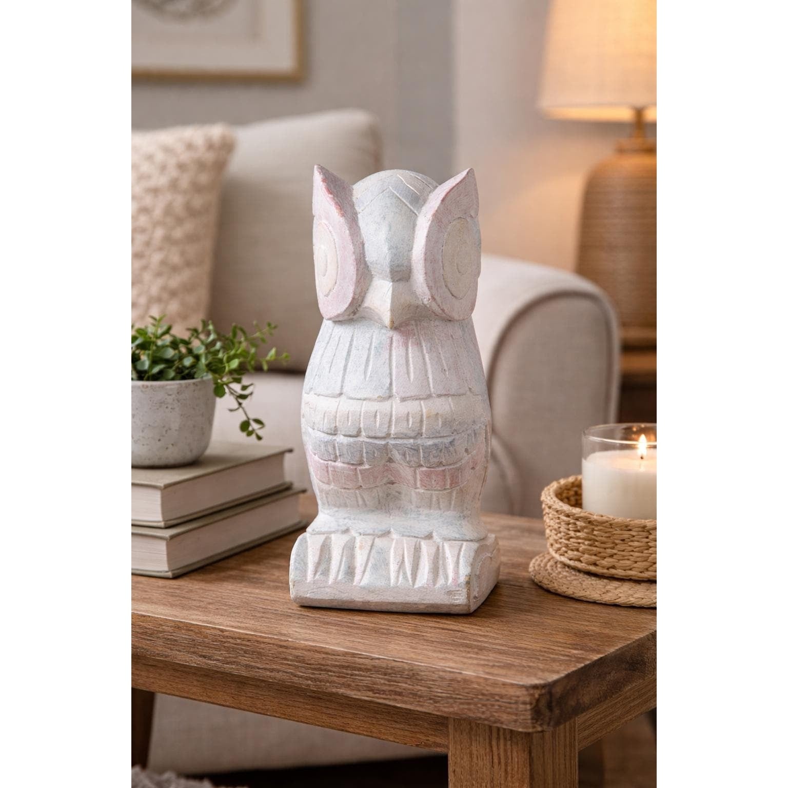 Vintage Hand-Carved Wooden Owl Figurine Whitewashed Rustic Decor