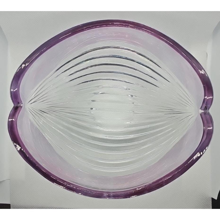 Vintage Ribbed Glass Bowl Purple Satin Edge Serving Dish