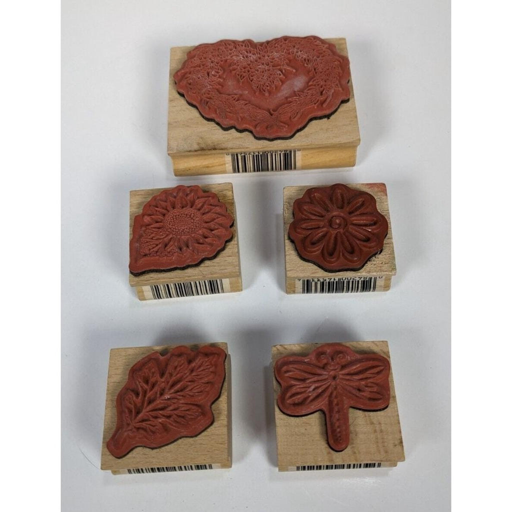 Wood Rubber Stamp Set Dragonfly Sunflower Daisy Leaf Set of 5