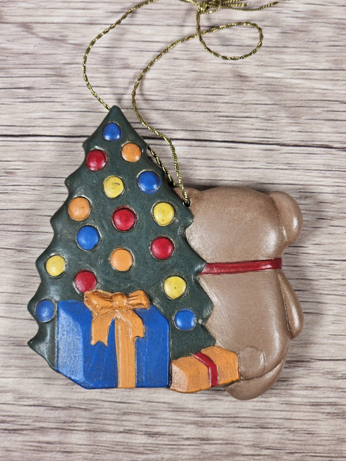 Vintage 90s Teddy Bear & Christmas Tree Ceramic Ornament