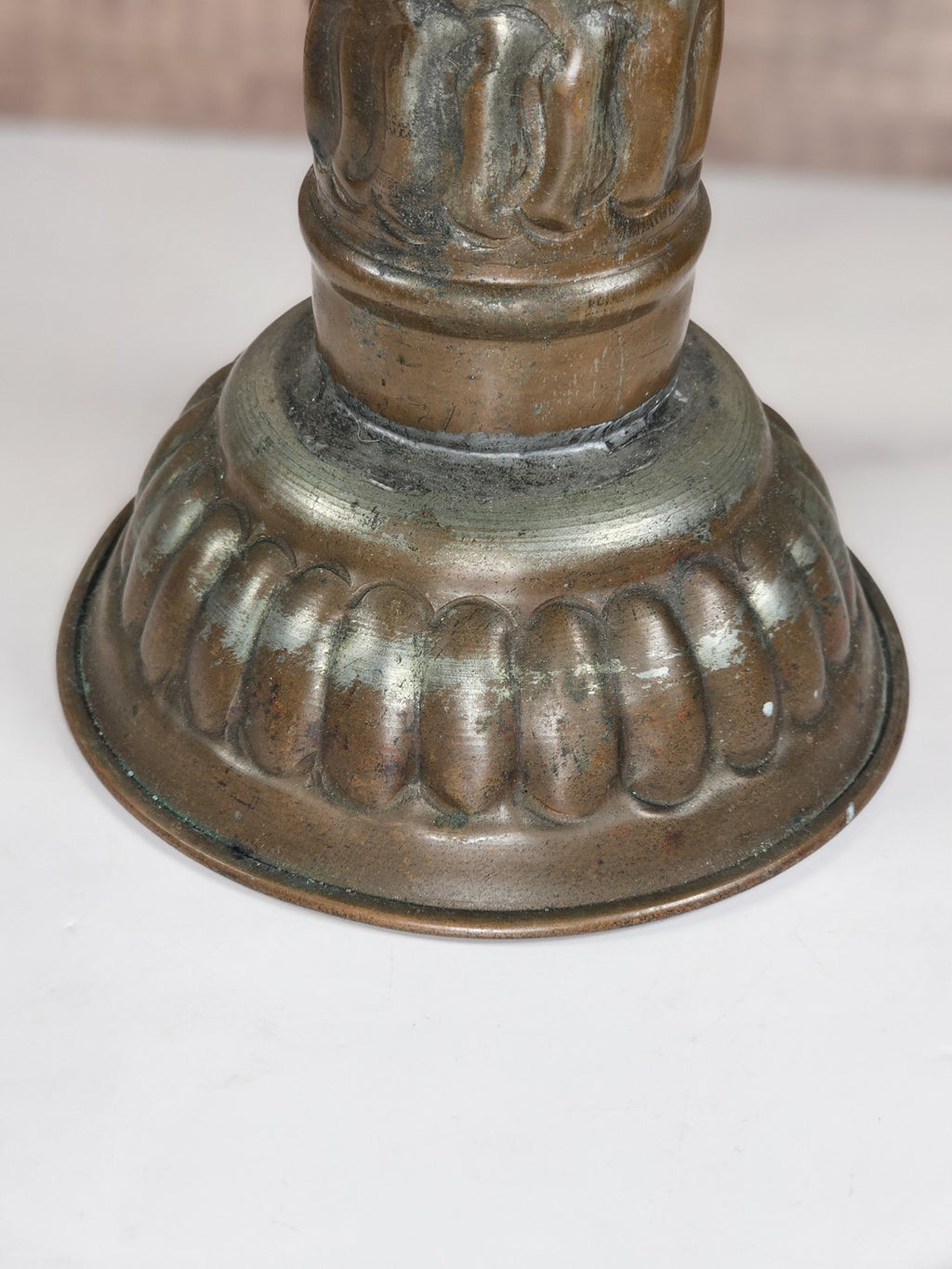Antique Tinned Copper Candlestick Holder Ornate Embossed Design 12" Tall