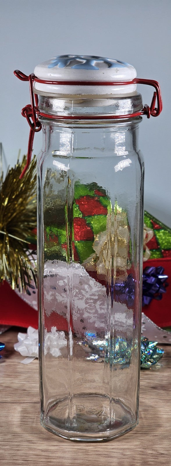 Vintage Glass Storage Jar With Snowflake Lid & Red Clasp