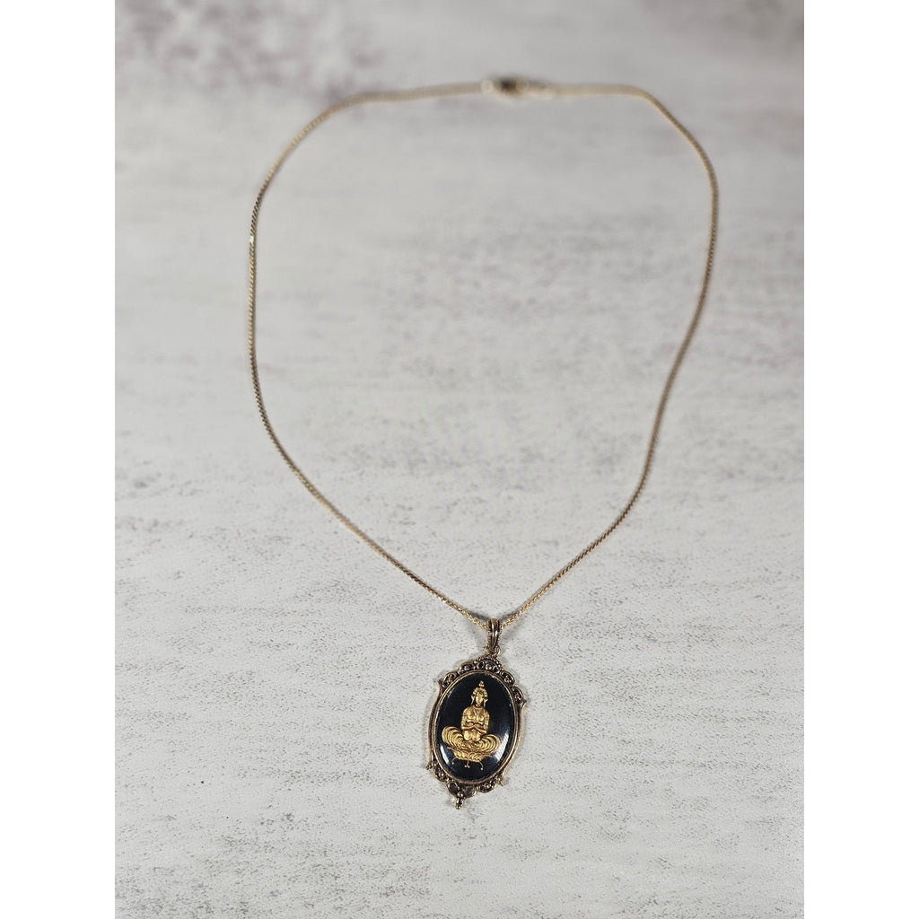 Vintage Gold Tone Buddha Cameo Pendant Necklace Black Oval Medallion