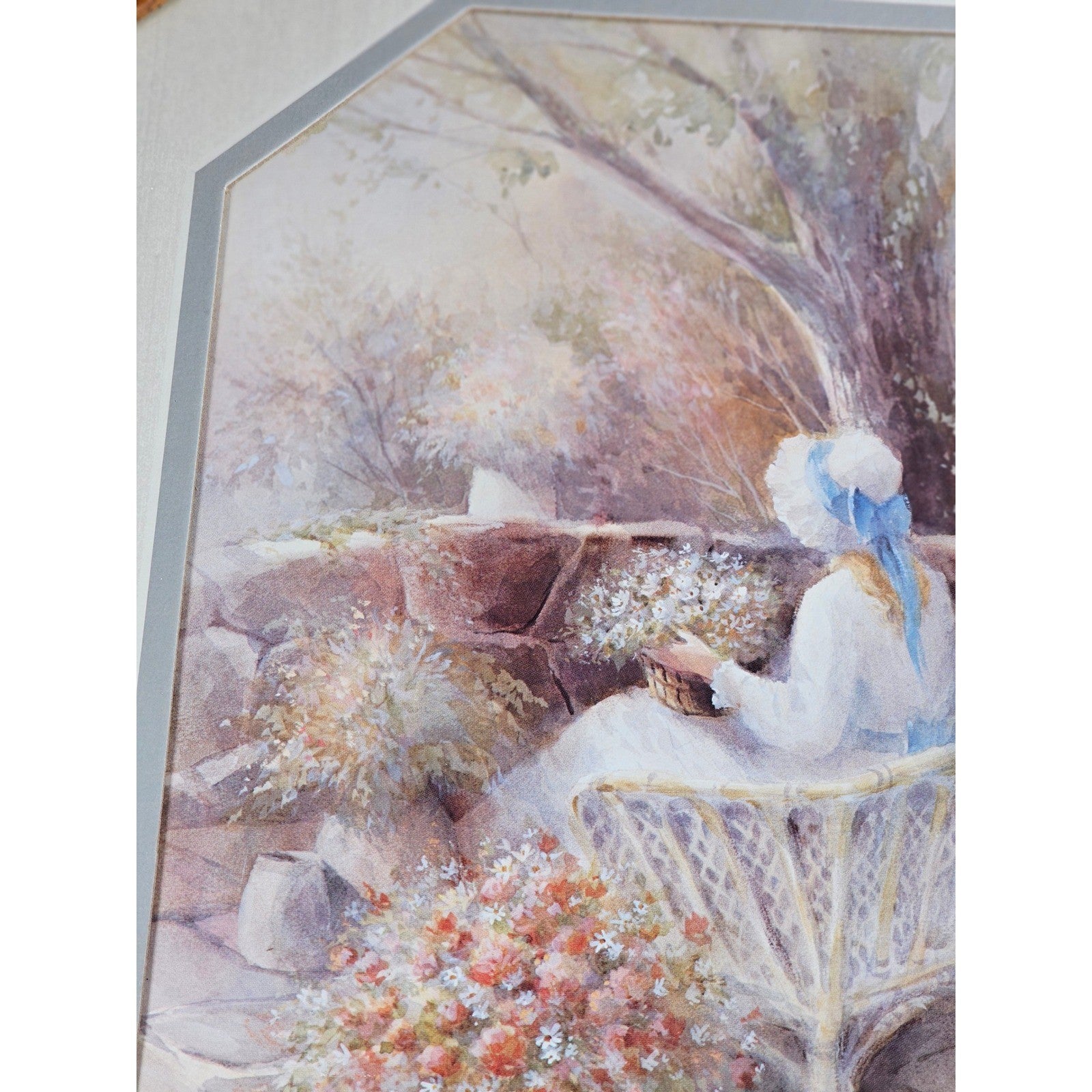 Vintage Framed Pastoral Art Print Octagon Wood Frame Cottage Garden Scene