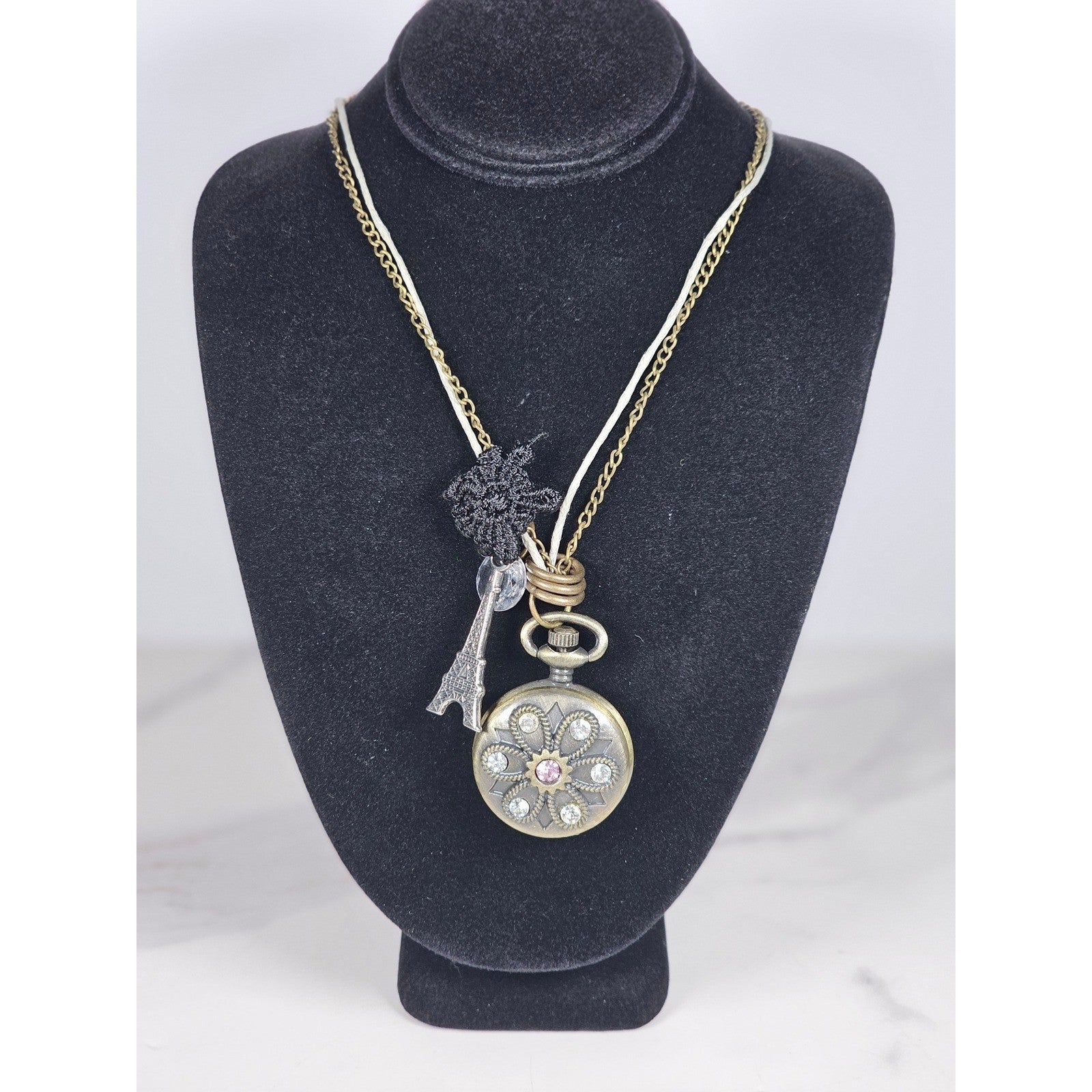 Vintage Long Necklace Pocket Watch Locket Pendant Eiffel Tower Charm