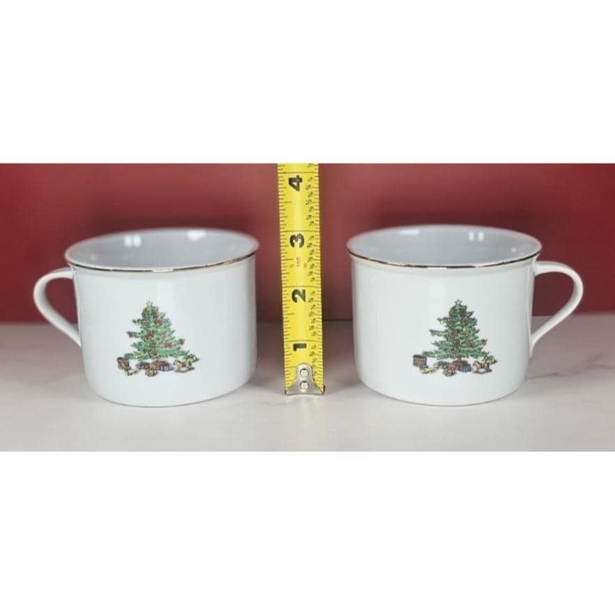 Vintage Tienshan Christmas Tree Mugs Set of 2 Porcelain Holiday Cups