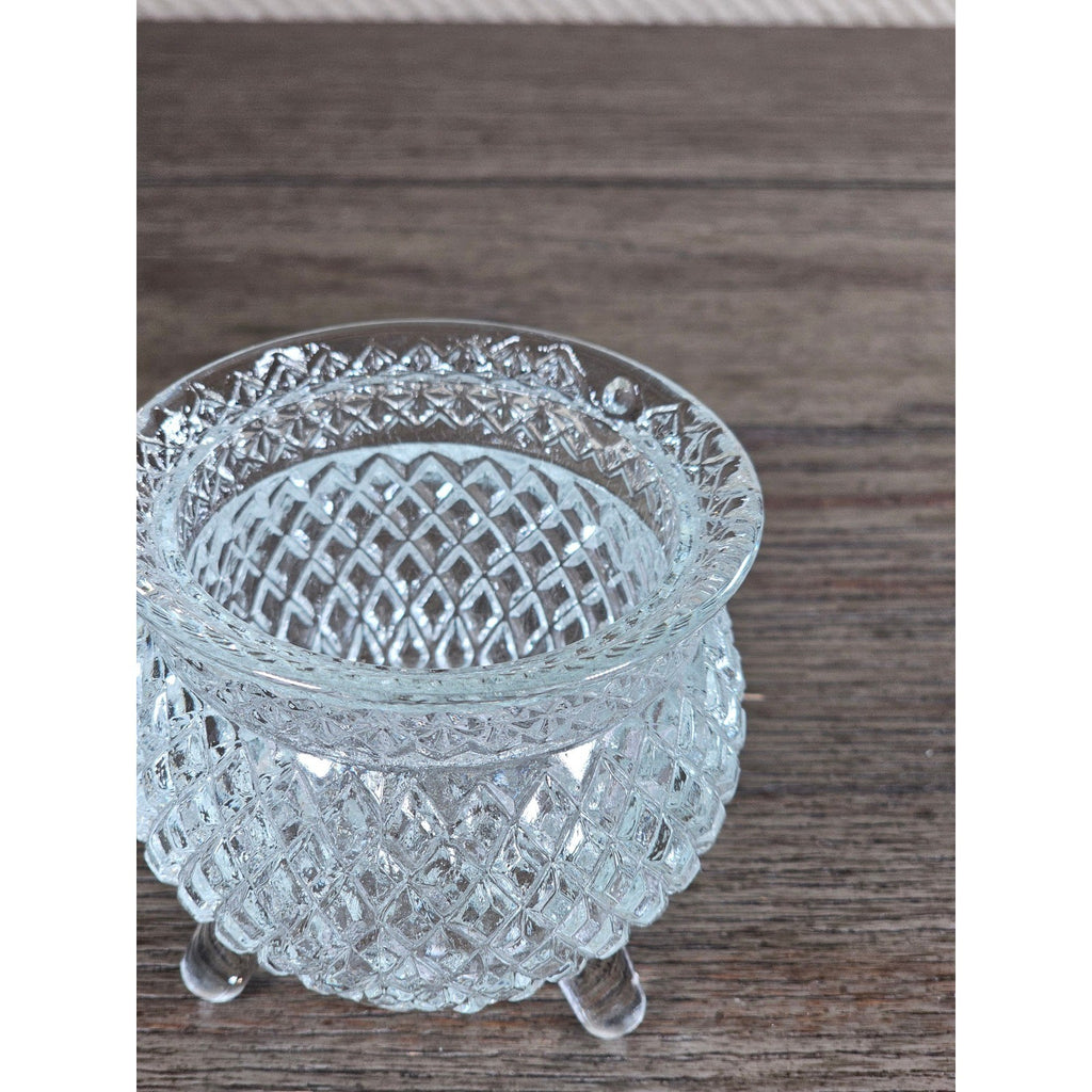 Vintage Cut Glass Footed Bowl 3x3 Diamond Pattern Trinket Dish