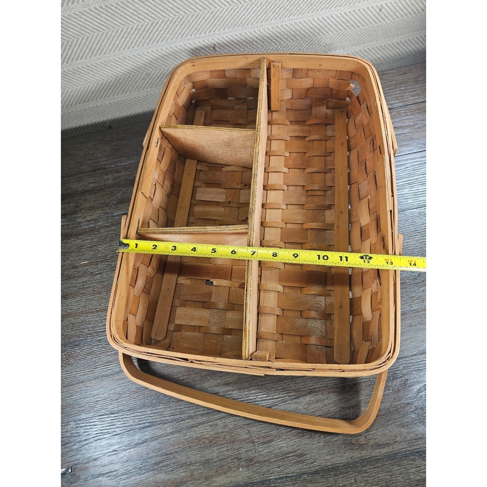 Vintage Wood Splint Divided Basket with Handle, Rustic Farmhouse Organizer