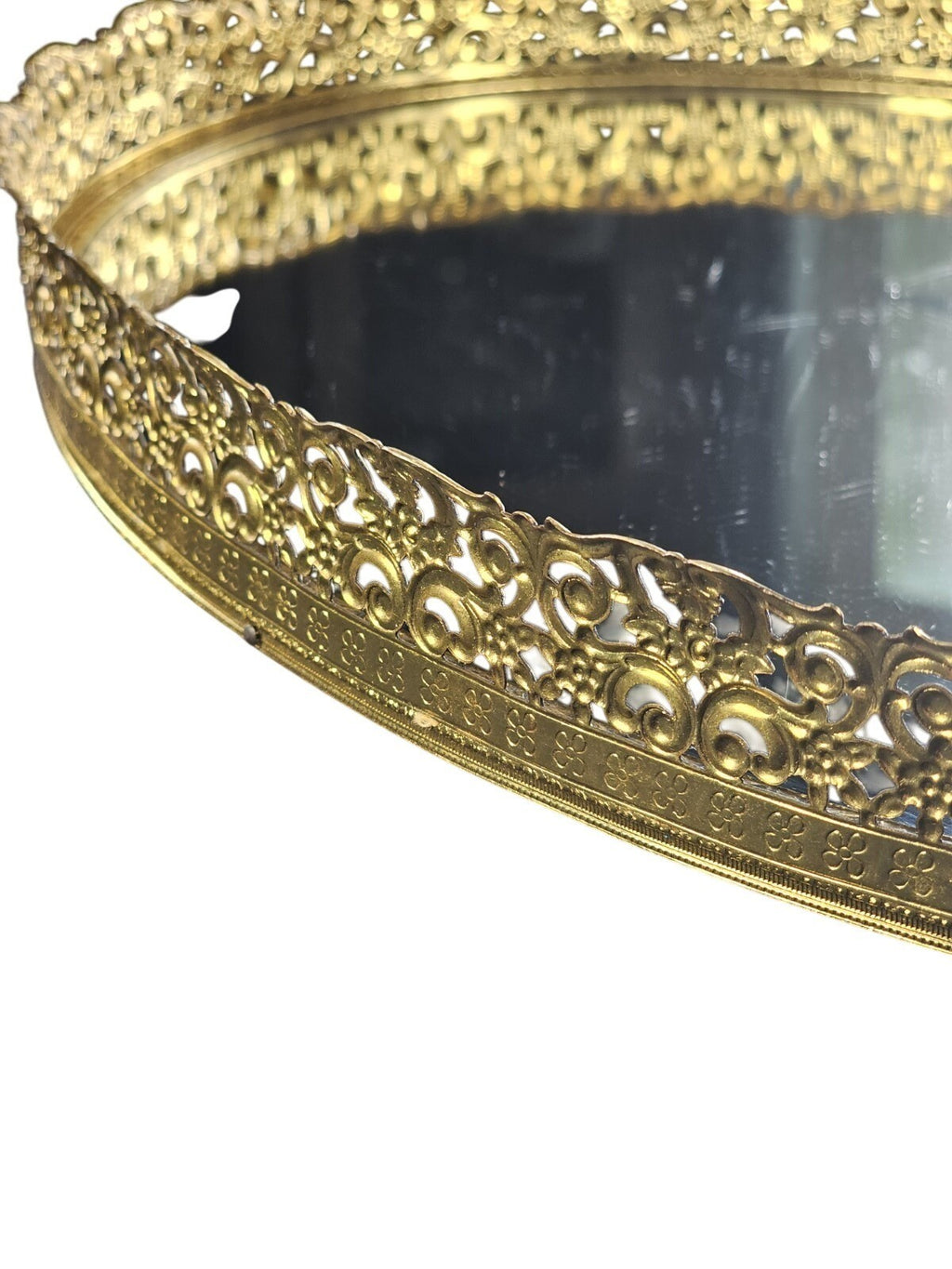 Vintage Oval Mirror Vanity Tray With Ornate Gold Filigree Design