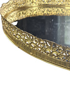 Vintage Oval Mirror Vanity Tray With Ornate Gold Filigree Design