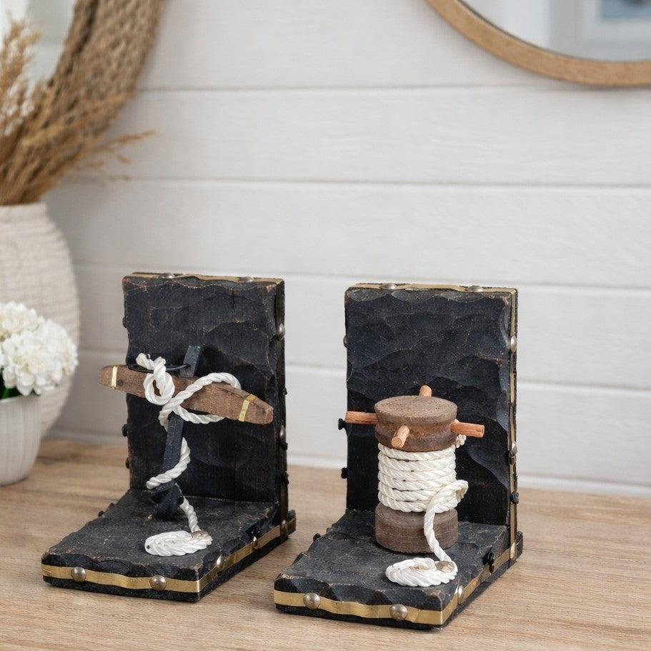 Vintage Nautical Bookends Wood Rope Anchor & Spool Coastal Decor Set