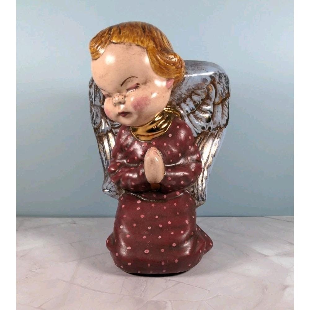 Vintage Kneeling Angel Planter Vase Ceramic Polka Dot