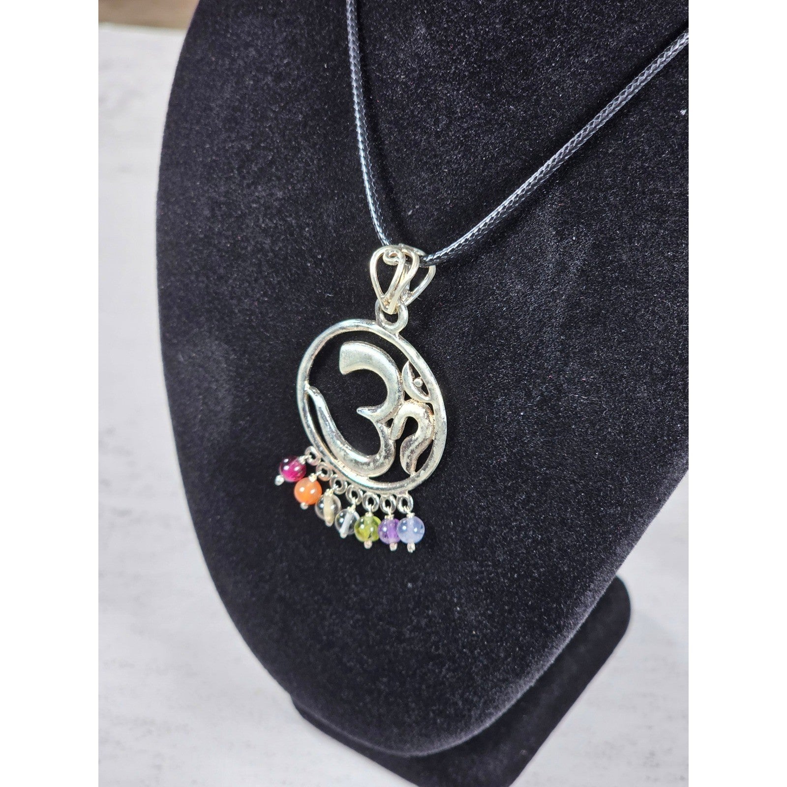 Vintage Sterling Om Pendant Necklace with Chakra Bead Fringe