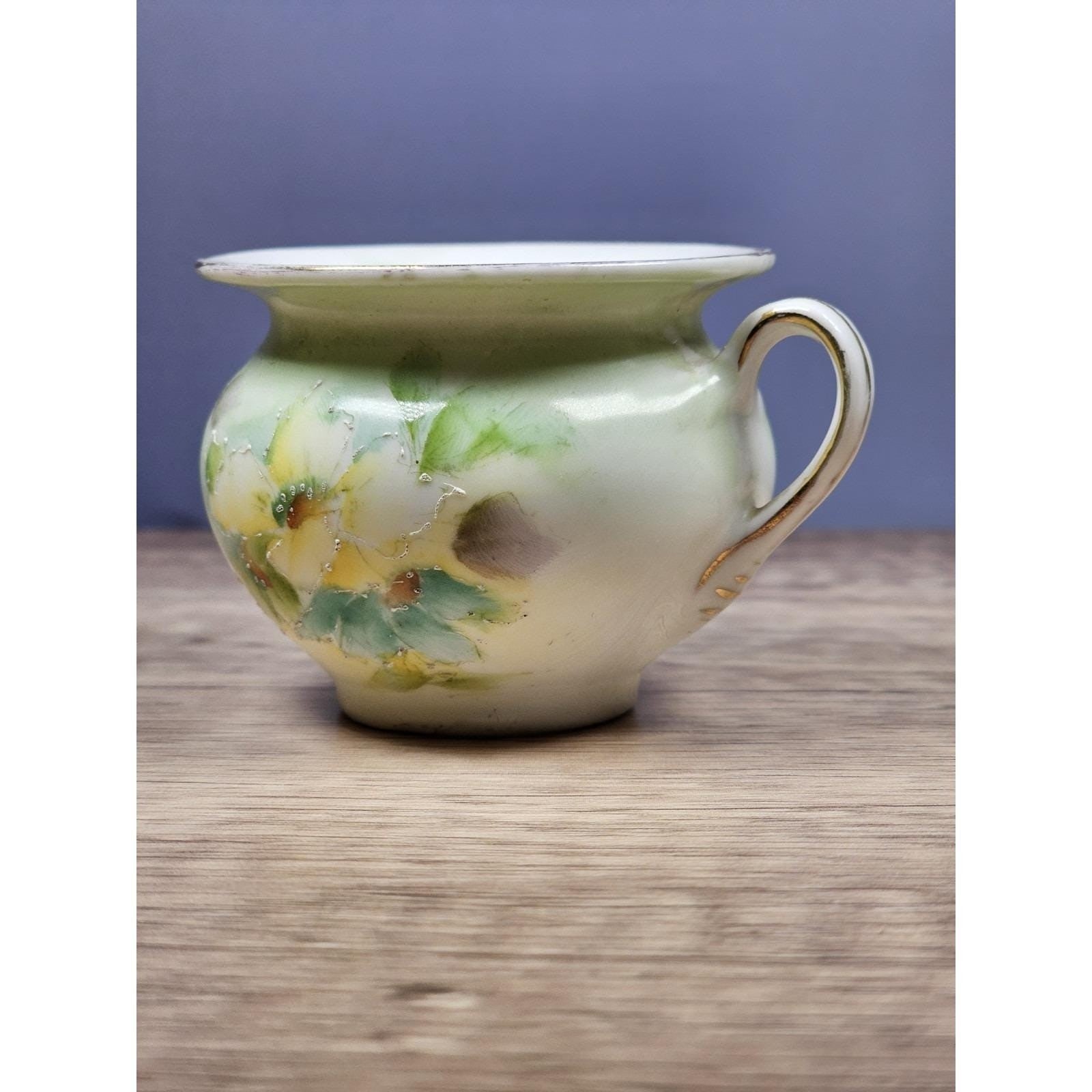 Vintage Porcelain Floral Mini Pitcher Yellow Flowers Gold Trim
