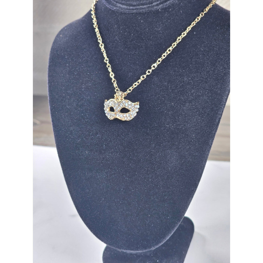 Gold Tone Rhinestone Mask Necklace Mardi Gras Pendant
