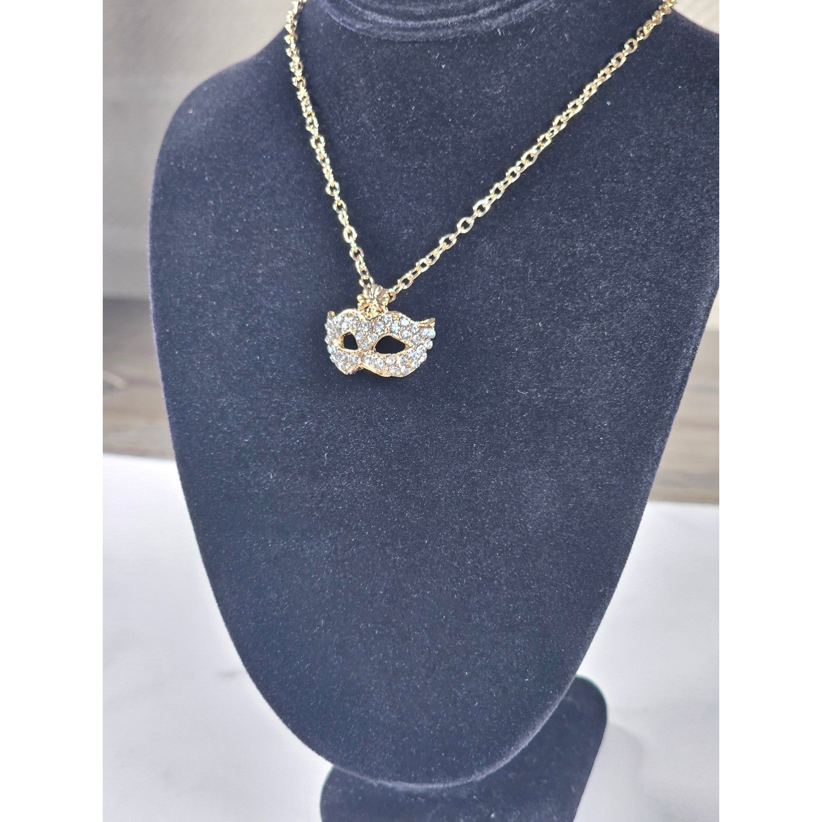 Gold Tone Rhinestone Mask Necklace Mardi Gras Pendant