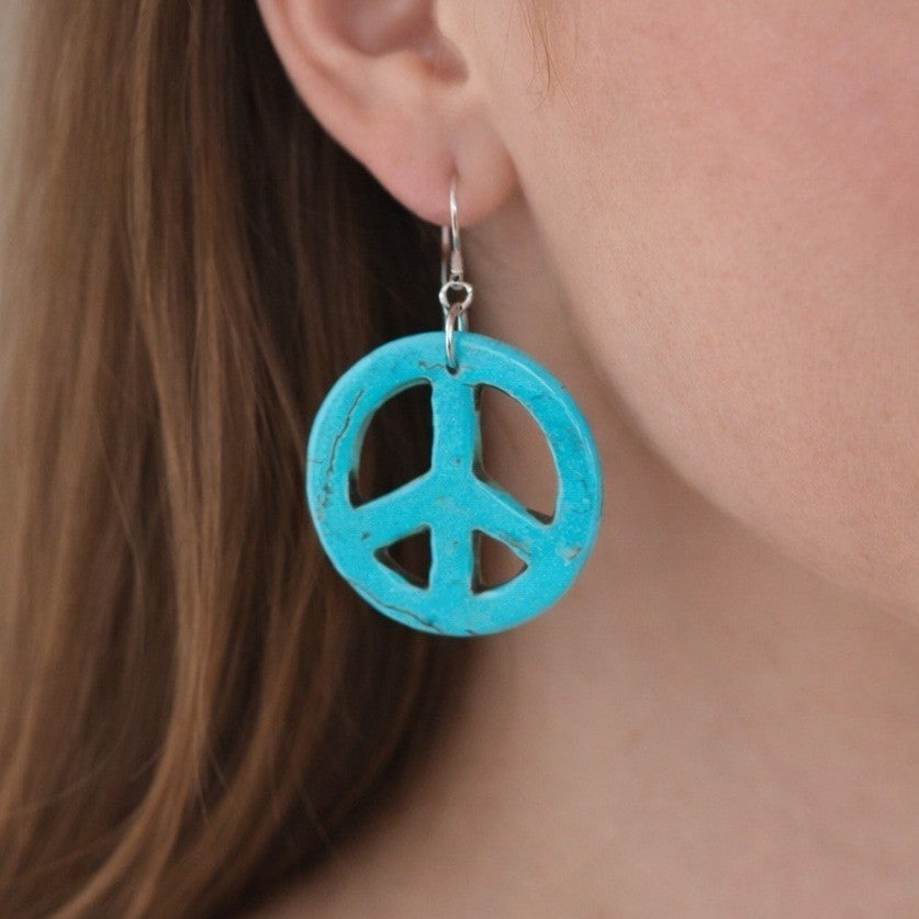 Vintage Turquoise Peace Sign Dangle Earrings Boho Hippie Style