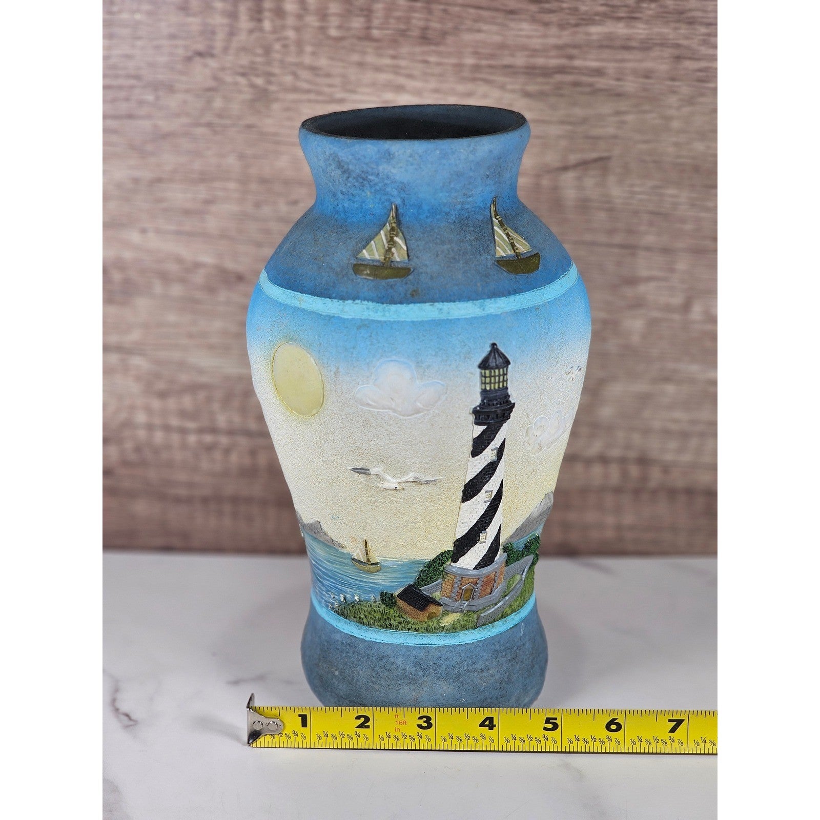 Vintage Coastal Lighthouse Resin Vase – Nautical Decor – Sailboat Relief Art