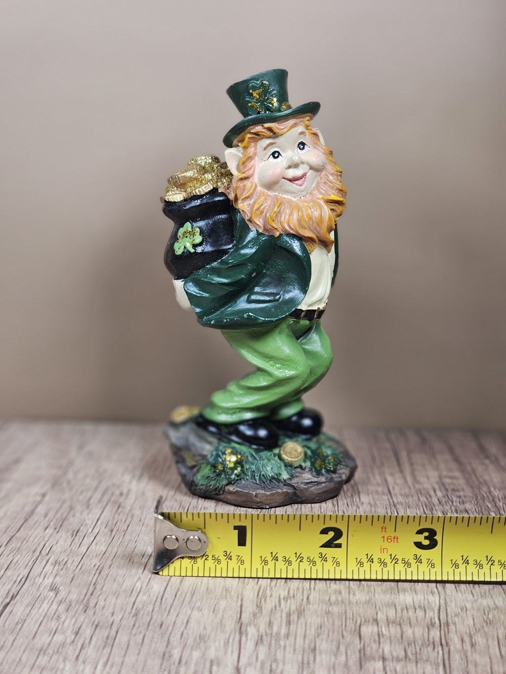 Saint Patricks Day Ceramic Leprechaun Figurine Holding Pot Of Gold Glittered