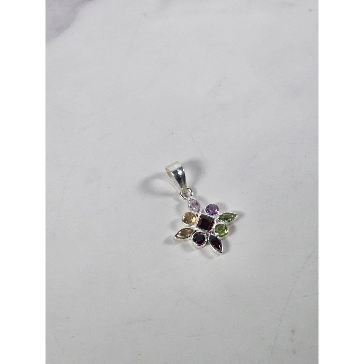 Vintage Sterling Silver Multi-Stone Gemstone Pendant, 925 Floral Design No Chain