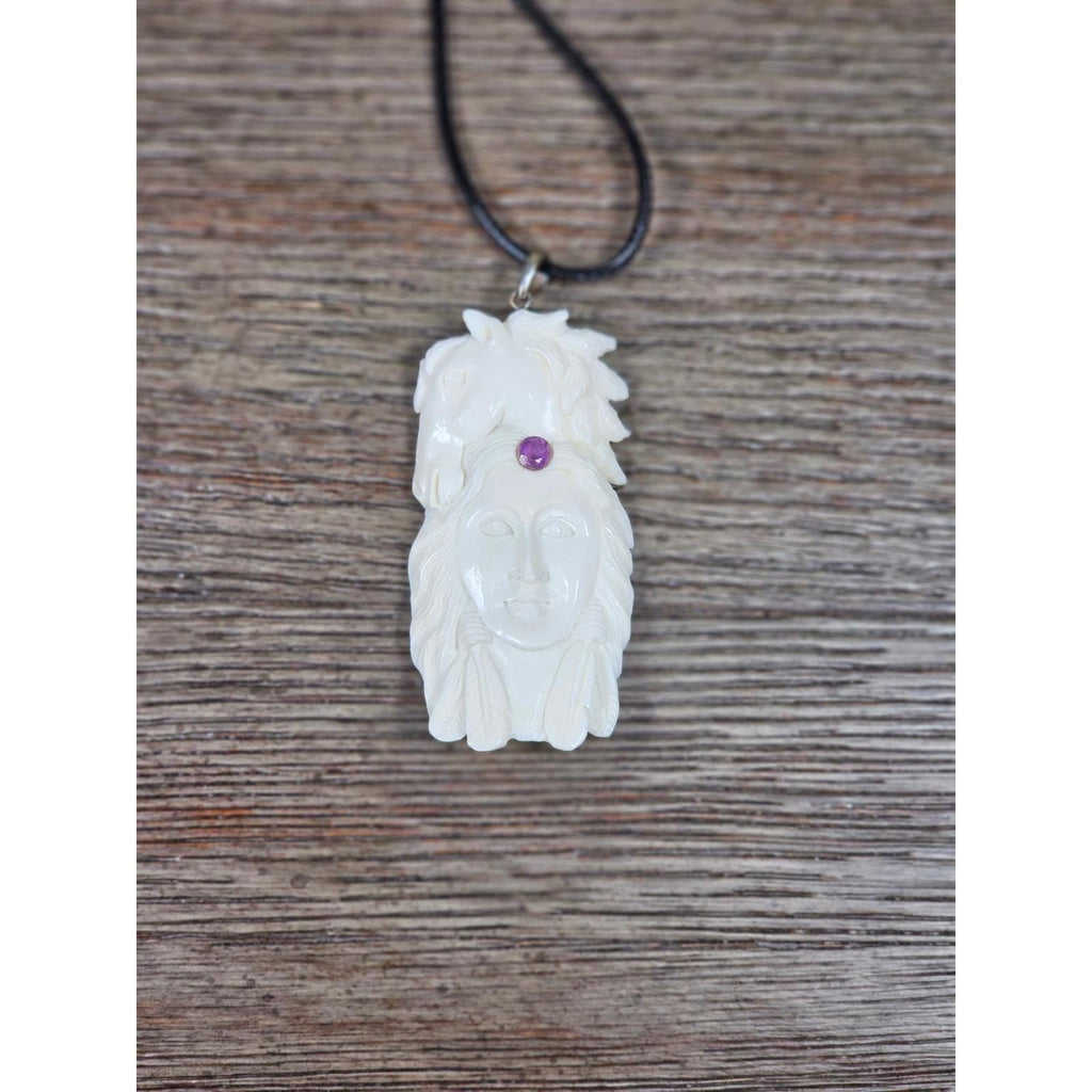 Vintage Carved Woman Horse Pendant Necklace Purple Stone