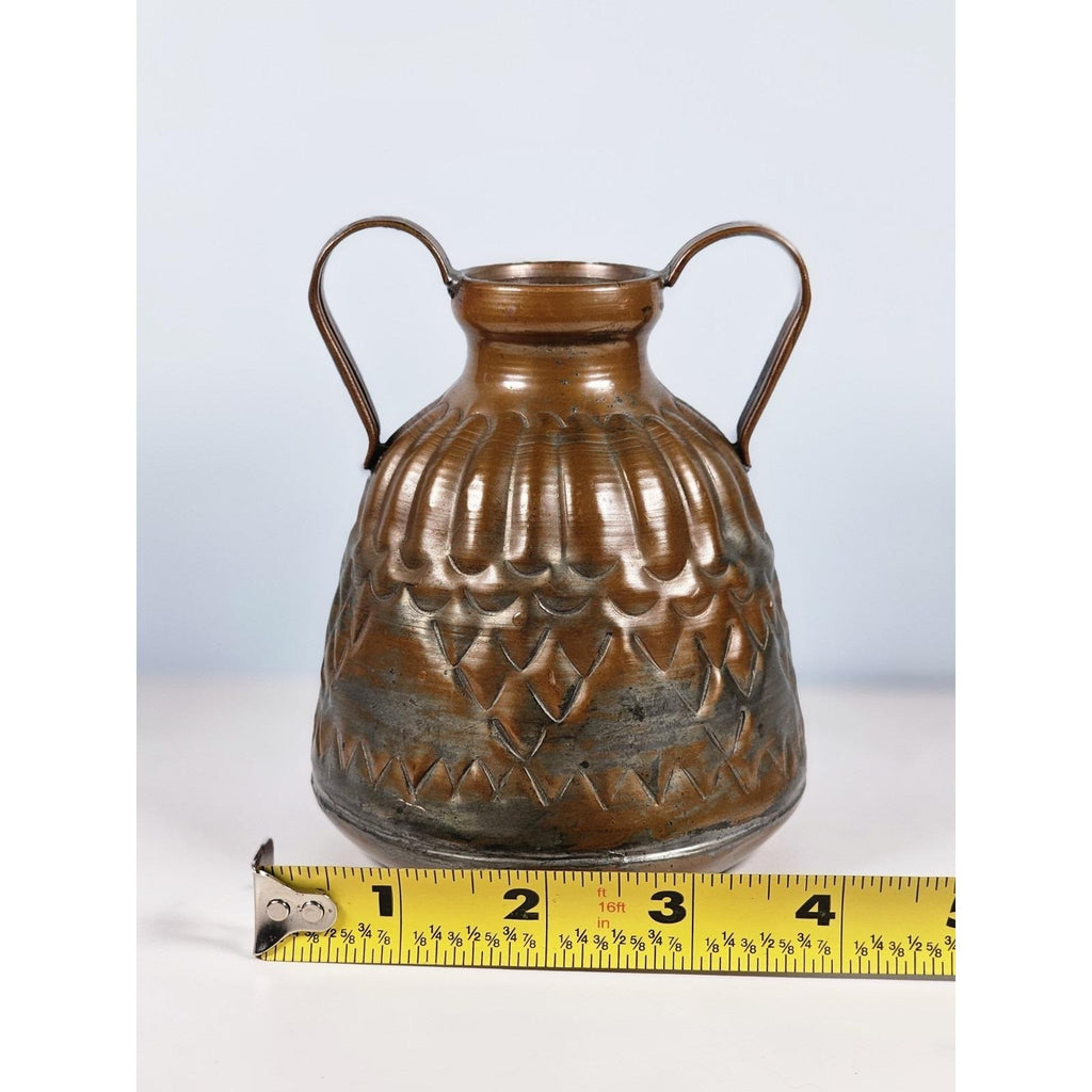 Vintage Hammered Copper Pitcher with Dual Handles Scalloped Design