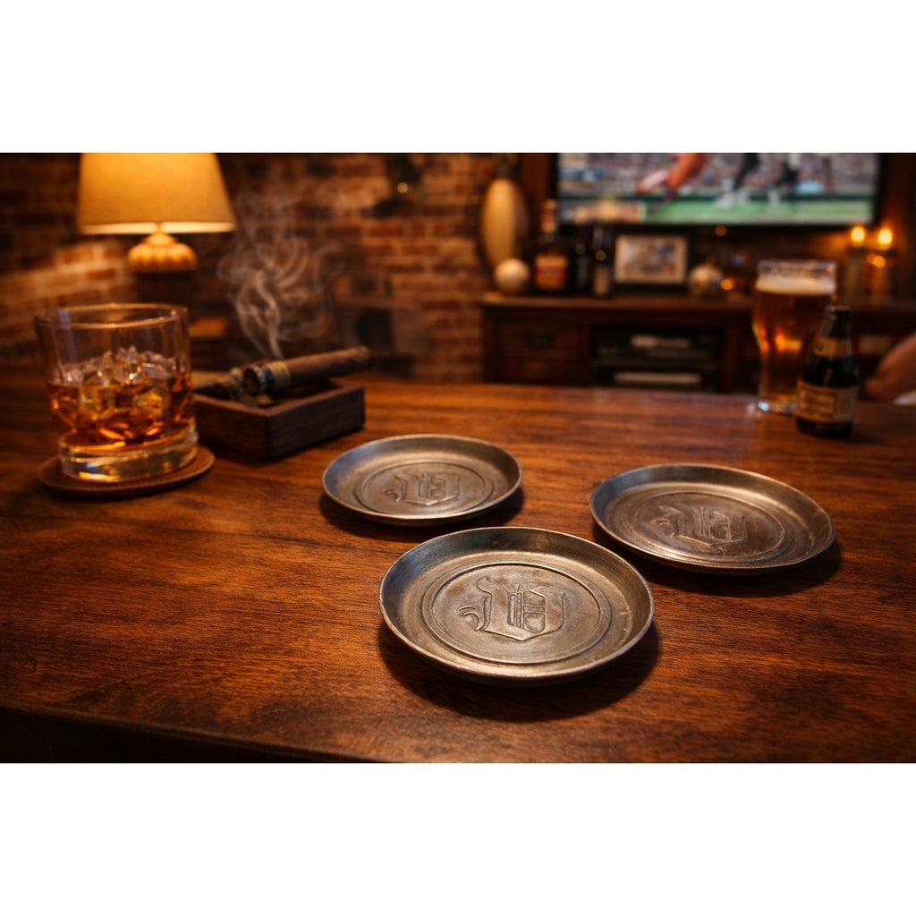 Vintage Aluminum Coaster Set of 3 Embossed D Monogram 3 3/8 Inch