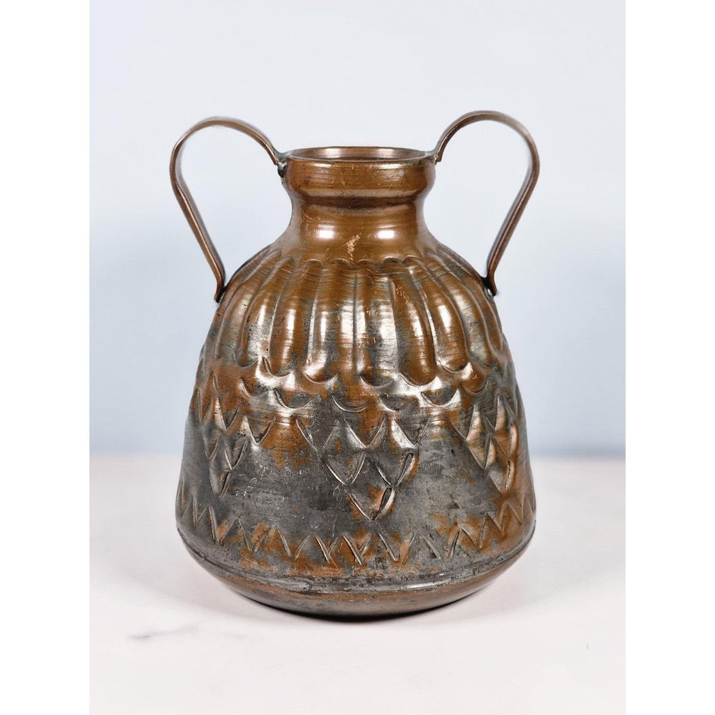 Vintage Hammered Copper Pitcher with Dual Handles Scalloped Design