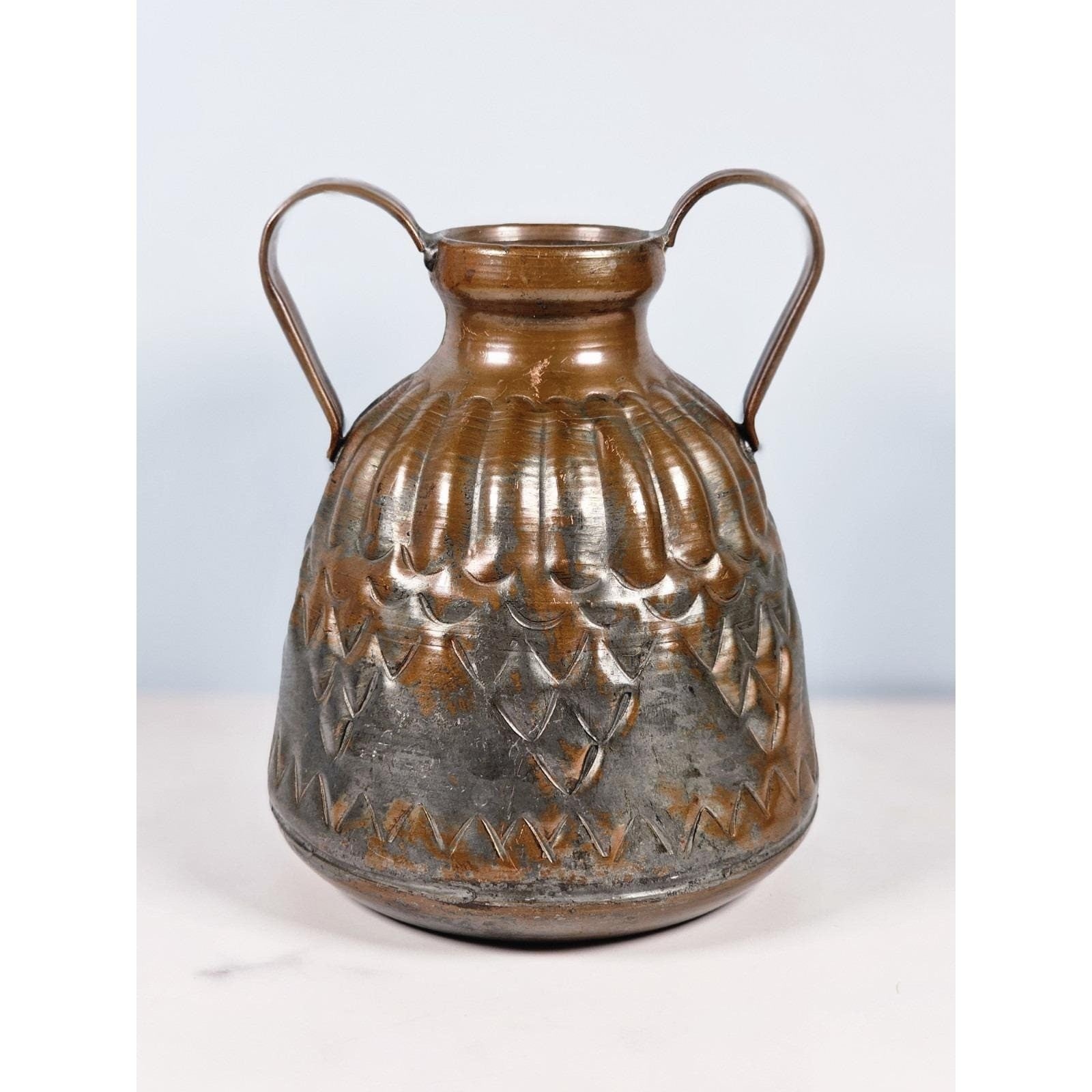 Vintage Hammered Copper Pitcher with Dual Handles Scalloped Design
