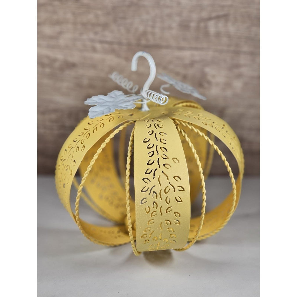 Yellow Metal Pumpkin Lantern with Leaf Cutouts | Fall Decor | Candle Holder