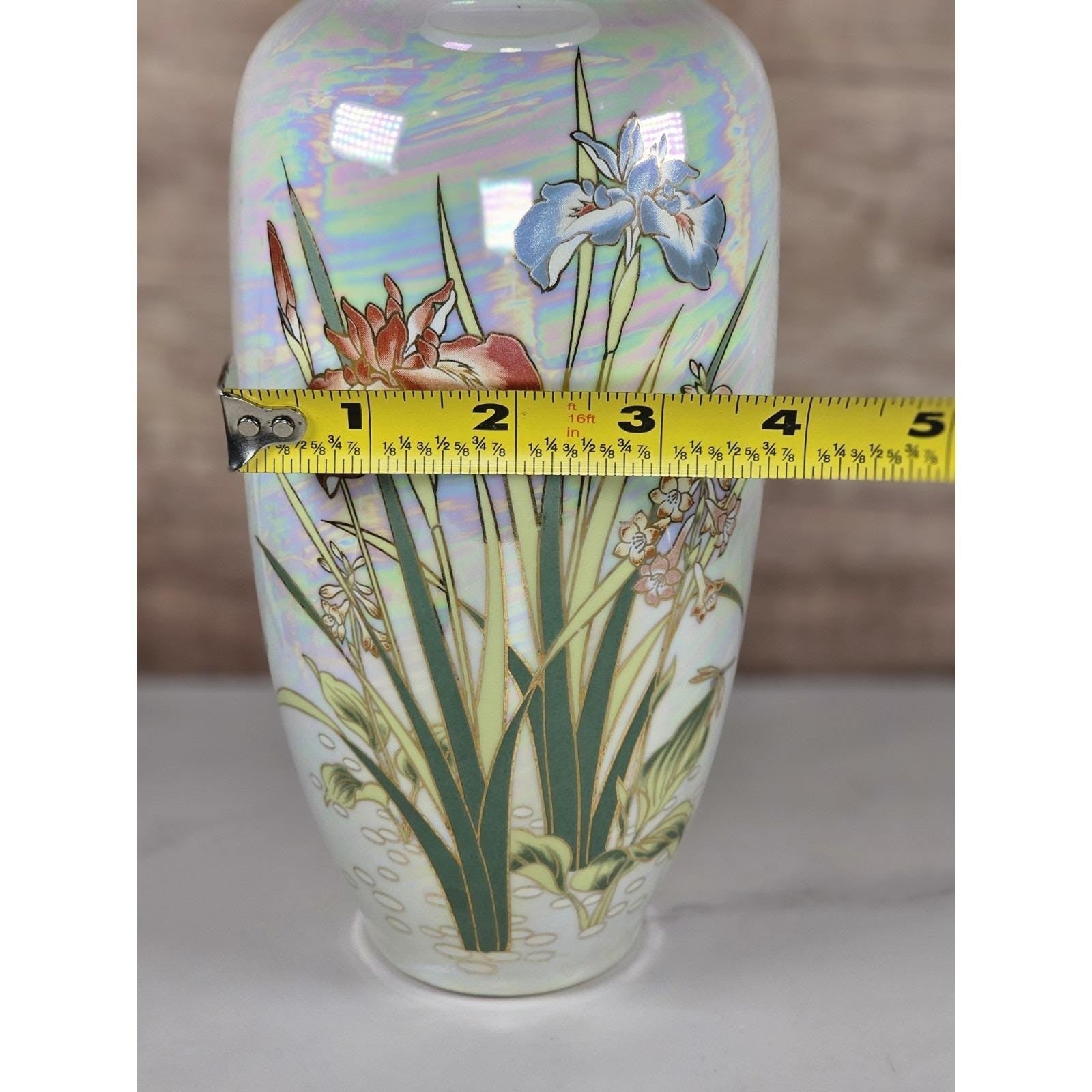 Vintage Japanese Iris Vase with Gold Trim Hand Painted Floral Decor
