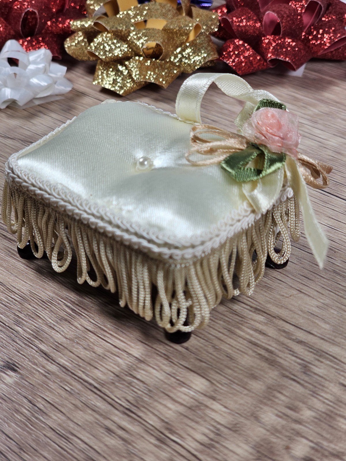 Vintage White Satin Victorian Miniature Stool Ornament 1" x3"