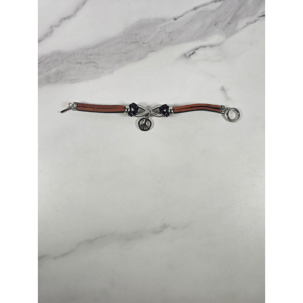 Vintage Petite Leather Peace Sign Bracelet Silver Tone Boho Jewelry
