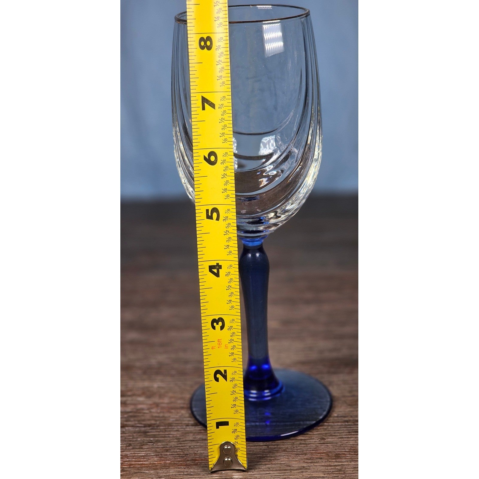 Vintage Blue Stem Wine Glasses Set of 2 Gold Rim Clear Bowl 8 Inch