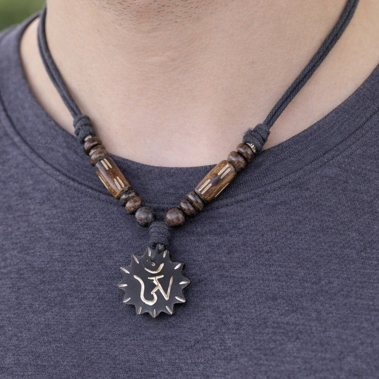 Vintage OM Pendant Necklace Wood Beads Black Cord Spiritual Charm