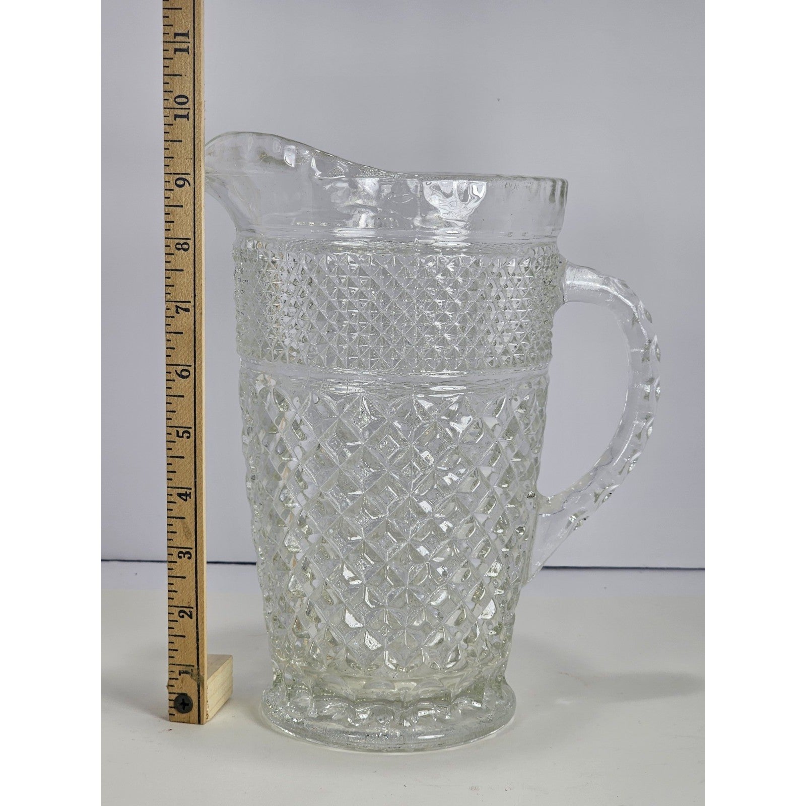 Vintage Heavy Clear Crystal Glass Diamond Pattern Water Pitcher – With Chip