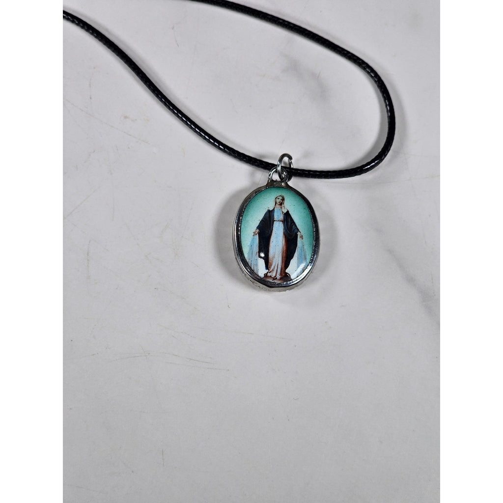 Vintage Madonna Pendant Necklace Blue Enamel Oval Cross Back