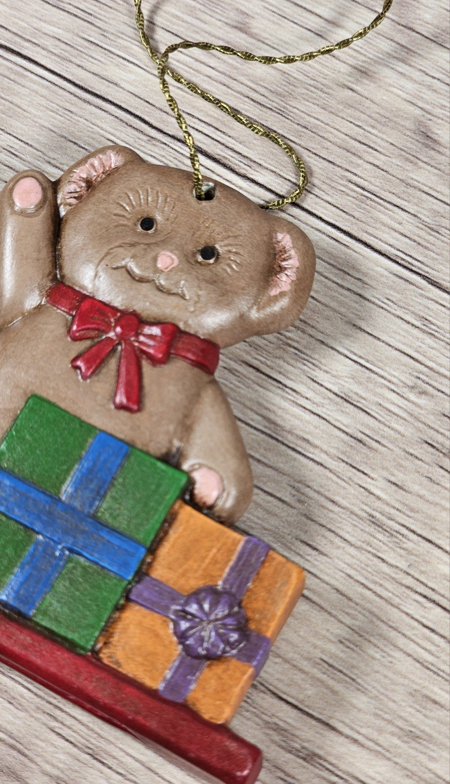 90s Vintage Ceramic 3" Teddy Bear Christmas Sleigh Presents Ornament