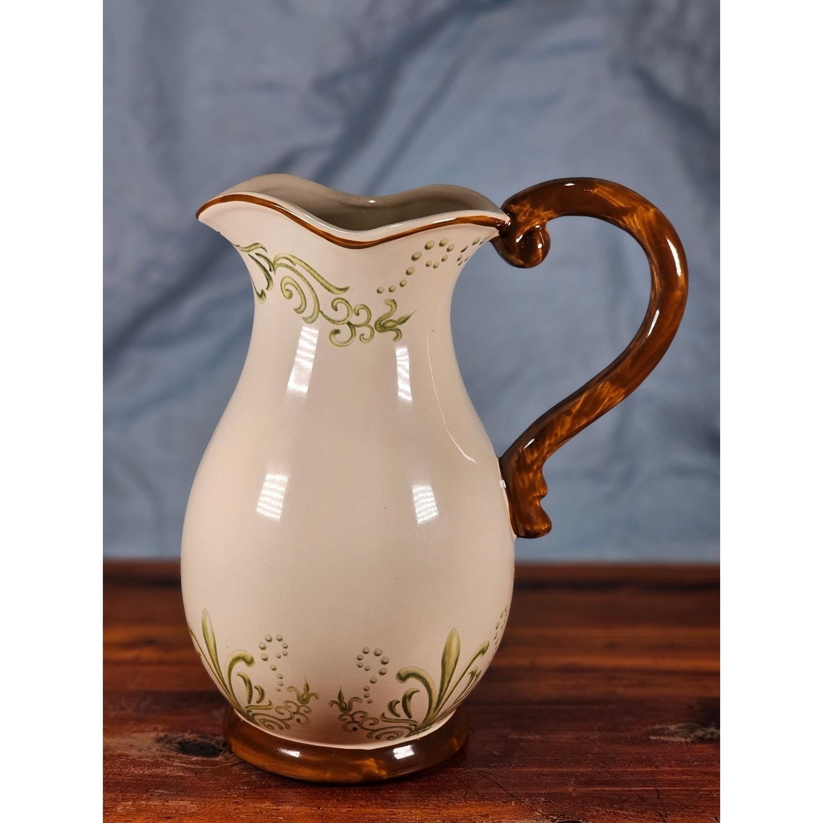Vintage Ceramic Pitcher Cream Floral Green Brown Handle Holiday Petaluma