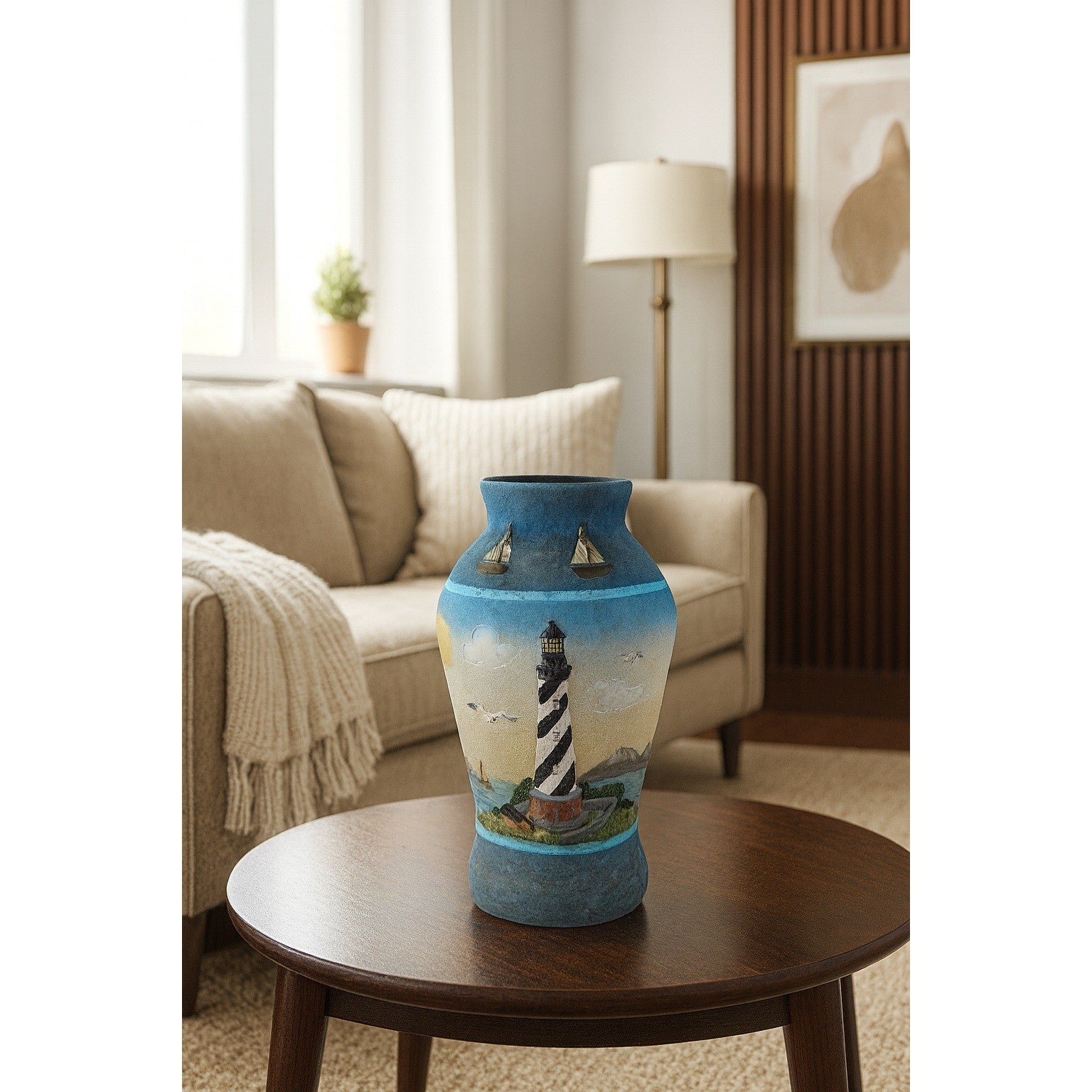 Vintage Coastal Lighthouse Resin Vase – Nautical Decor – Sailboat Relief Art