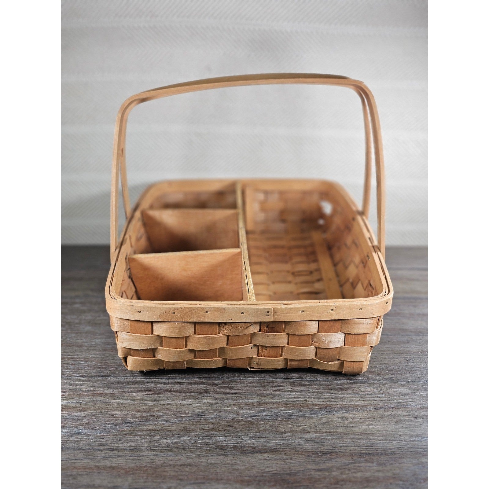 Vintage Wood Splint Divided Basket with Handle, Rustic Farmhouse Organizer