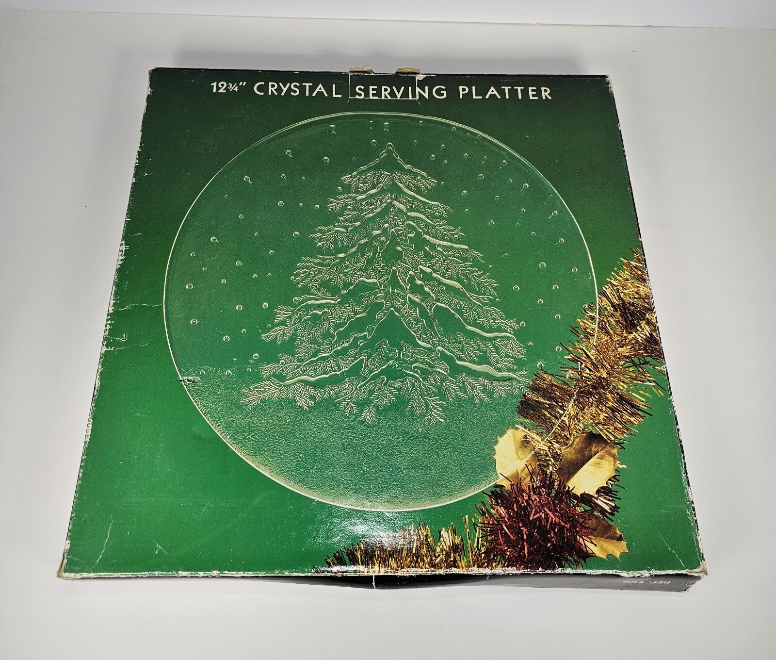 Crystal Serving Platter 12 3/4 With Etched Evergreen With Original Box