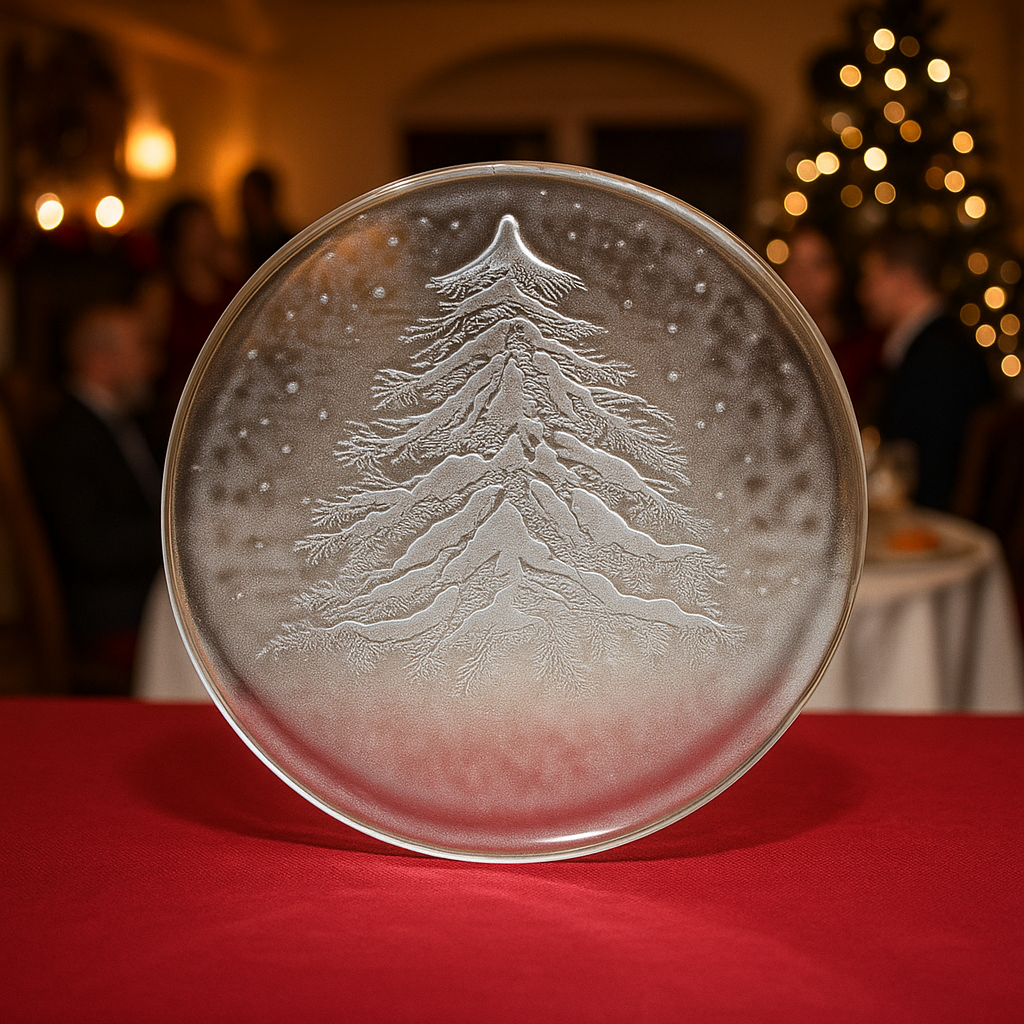 Crystal Serving Platter 12 3/4 With Etched Evergreen With Original Box