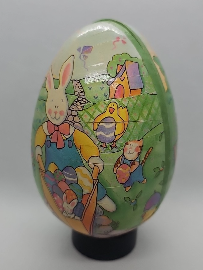 Vintage Paper Mache Egg Rabbit with Wheelbarrow Full of Eggs